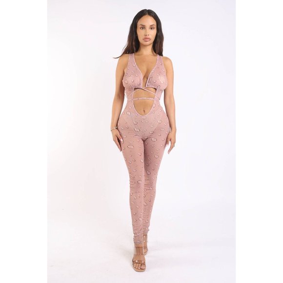 Boutique Pants - Women's Sexy Water Drop Printed Mesh Jumpsuit Sleeveless jumpsuit Lace Up Cutout